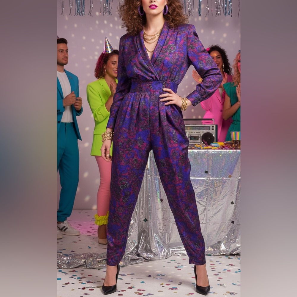 Joan Walters 80s Vintage Purple Floral Jumpsuit